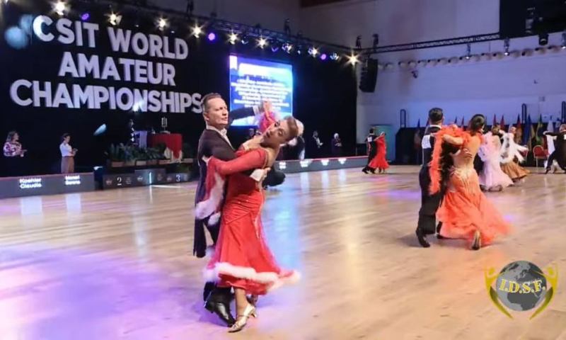 Denis Kojinov and Jeanette Chevalier (USA) dance Tango at 2025 CSIT World 10-dance championships in San Marino